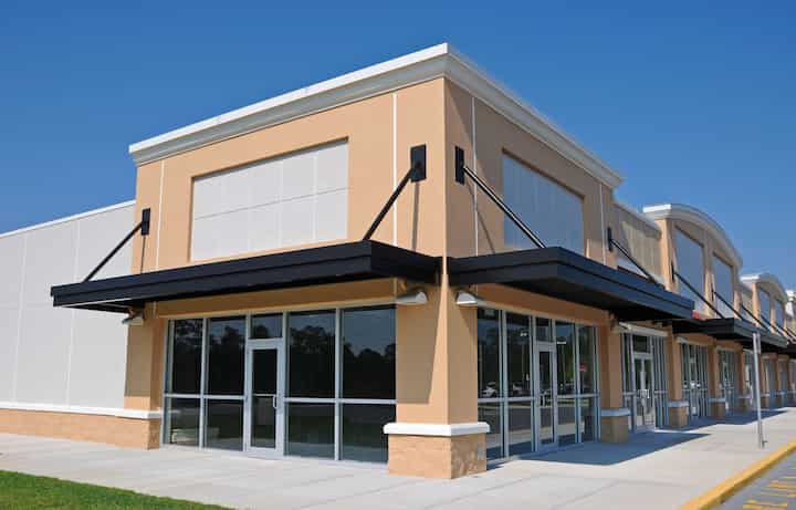Bright red commercial awning in Greenwood, IN.