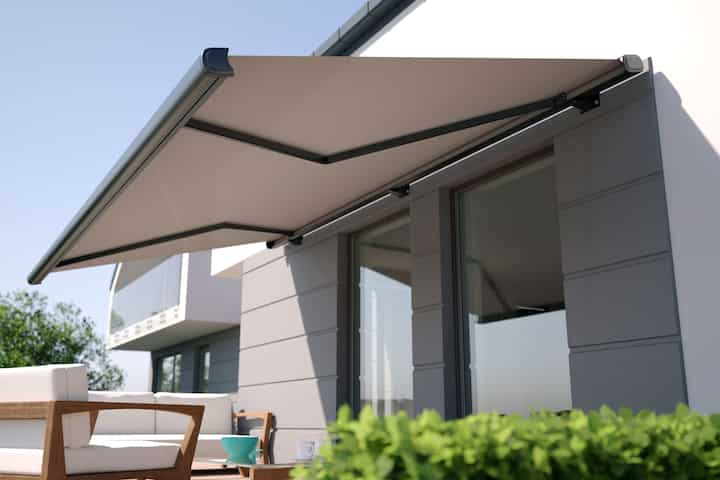 Beautiful residential awning enhances Greenwood, IN residence.